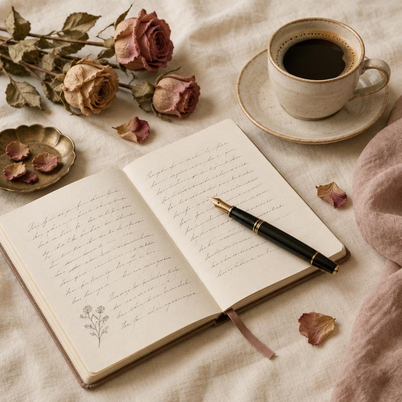 An open notebook, fountain pen and dried roses on the AlfaDarling editorial desk