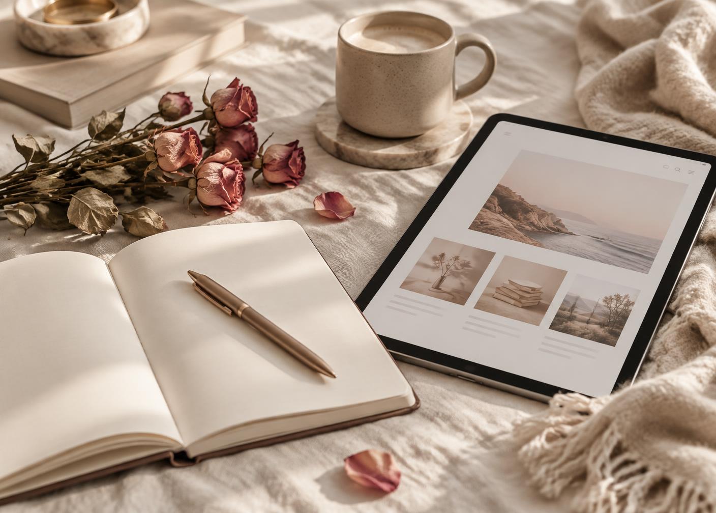 A notebook, pen and tablet on a linen surface